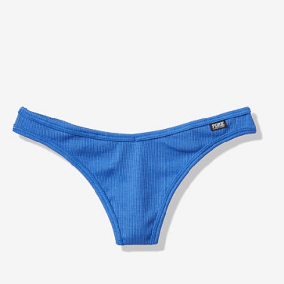 Victoria's Secret PINK Ribbed Cotton Thong NWT Blue Low Rise - Picture 1 of 4